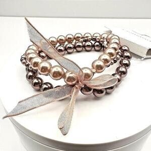 Vintage Croft & Barrow Multi-Strand Bronze Tone Pearl Stretch Bracelet Ribbon